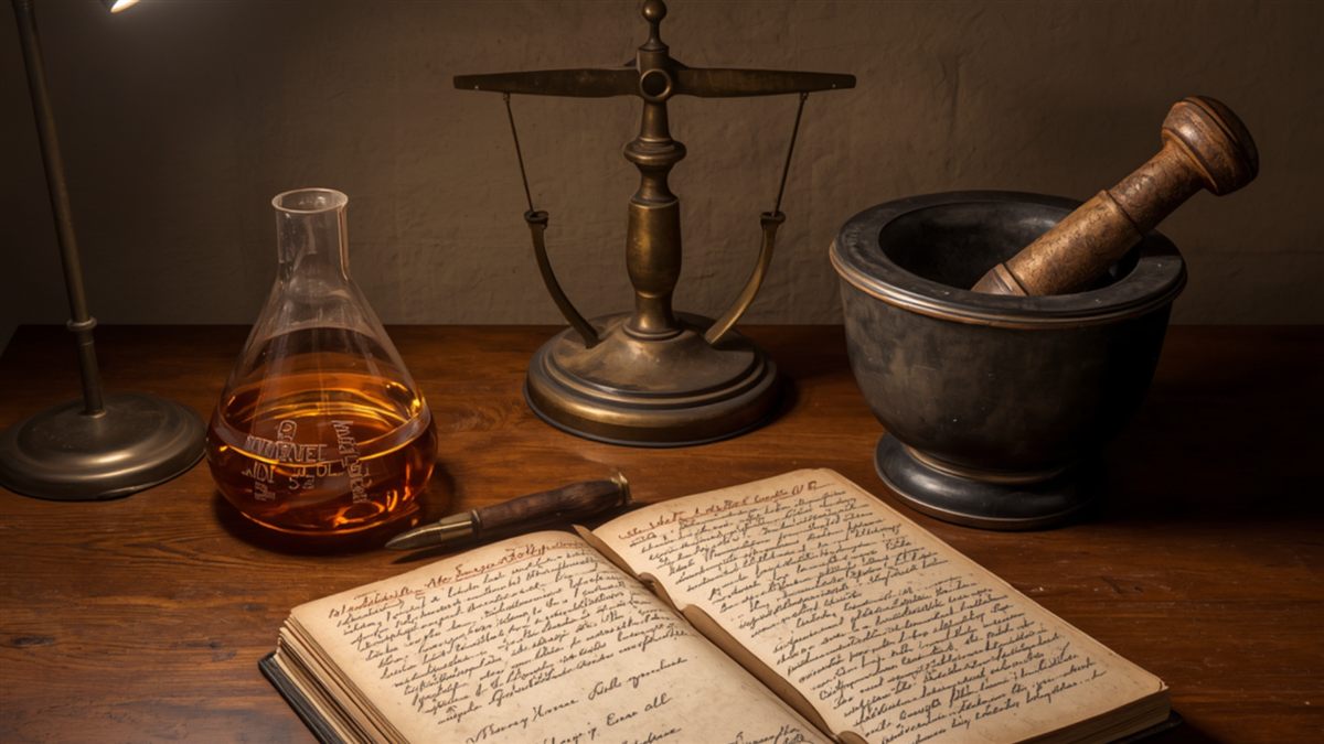 1800-tals laboratorium med kolbe, balancevægt og morter